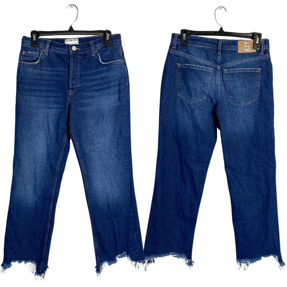 Free People Maggie Mid-Rise Straight Leg Denim Jeans Women's 26 Blue Distressed